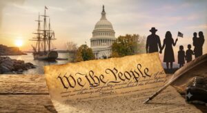 American History: A historic sailing ship on the left side at sunset, with water and rocky shores visible. In the center background stands the U.S. Capitol building. Overlaid prominently in the foreground is a parchment of the U.S. Constitution with the words "We The People" clearly visible. To the right, there is a silhouette of a family holding hands, with one person holding an American flag. A quill pen rests on the parchment, symbolizing the signing of the document.