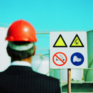 Businessman Wearing a Hard-Hat Looking at a Hazard Sign.