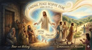 An artistic illustration of Jesus appearing to his disciples in a locked room, transitioning from a scene of fear and hiding on the left to an open, bright landscape of commission and mission on the right, with the words "Irene" and "Shalom" highlighting the theme of peace.