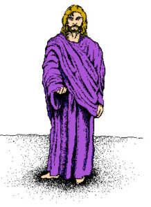 Jesus in purple robe, reaching with one hand.